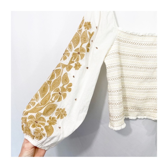 Anthropologie Neutral Smocked Embroidered Ballon Sleeve Blouse Top - Picture 6 of 12